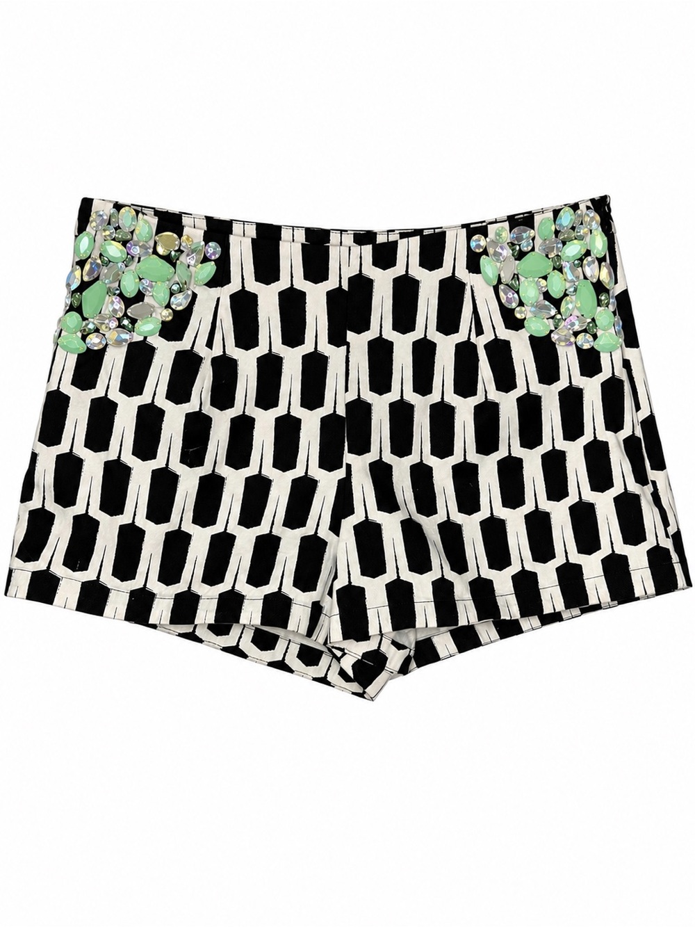 Lulumari Black White Geometric Embellished Shorts Cotton Blend